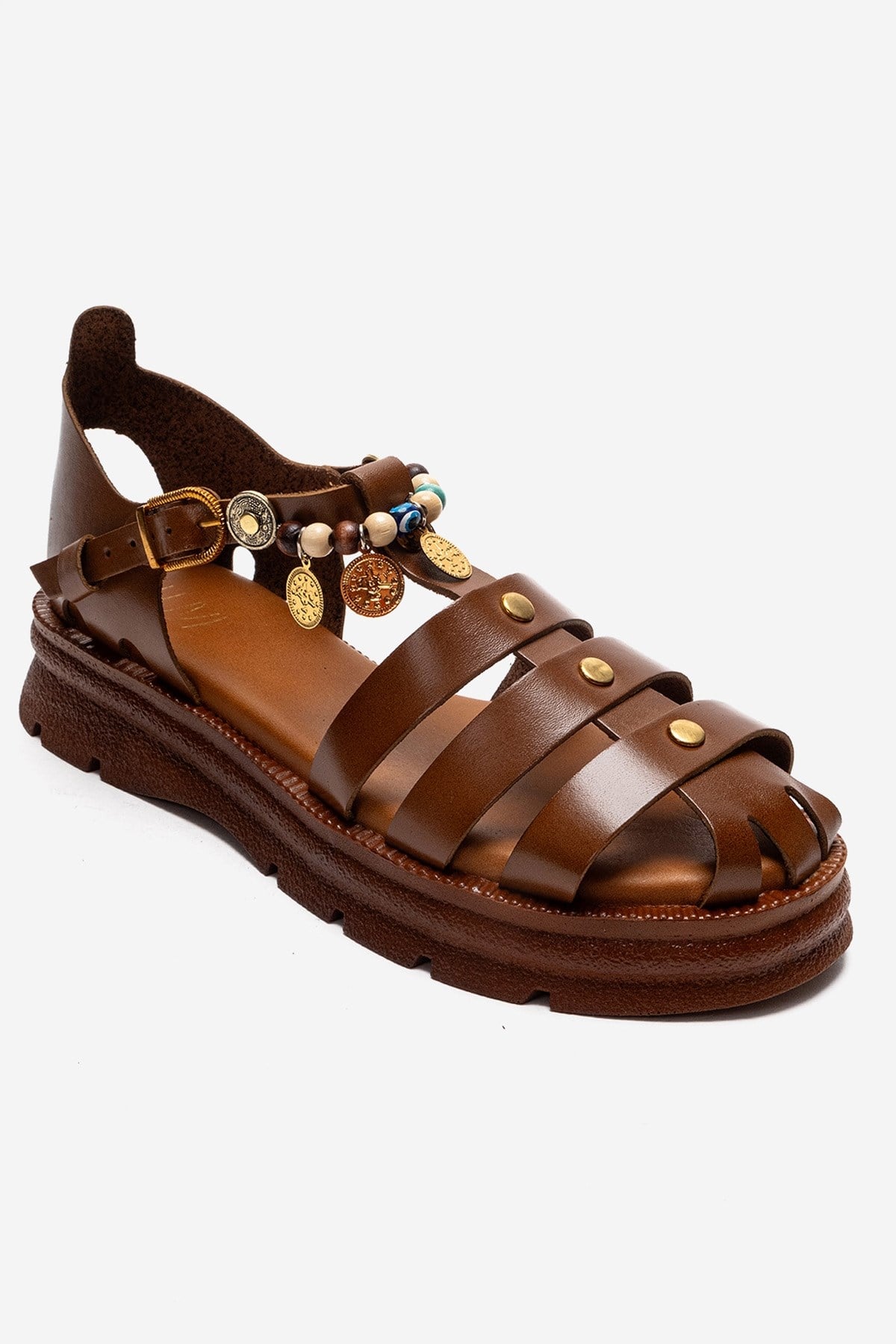 SOLIS - Tan Genuine Leather Beaded Sandal (Women)