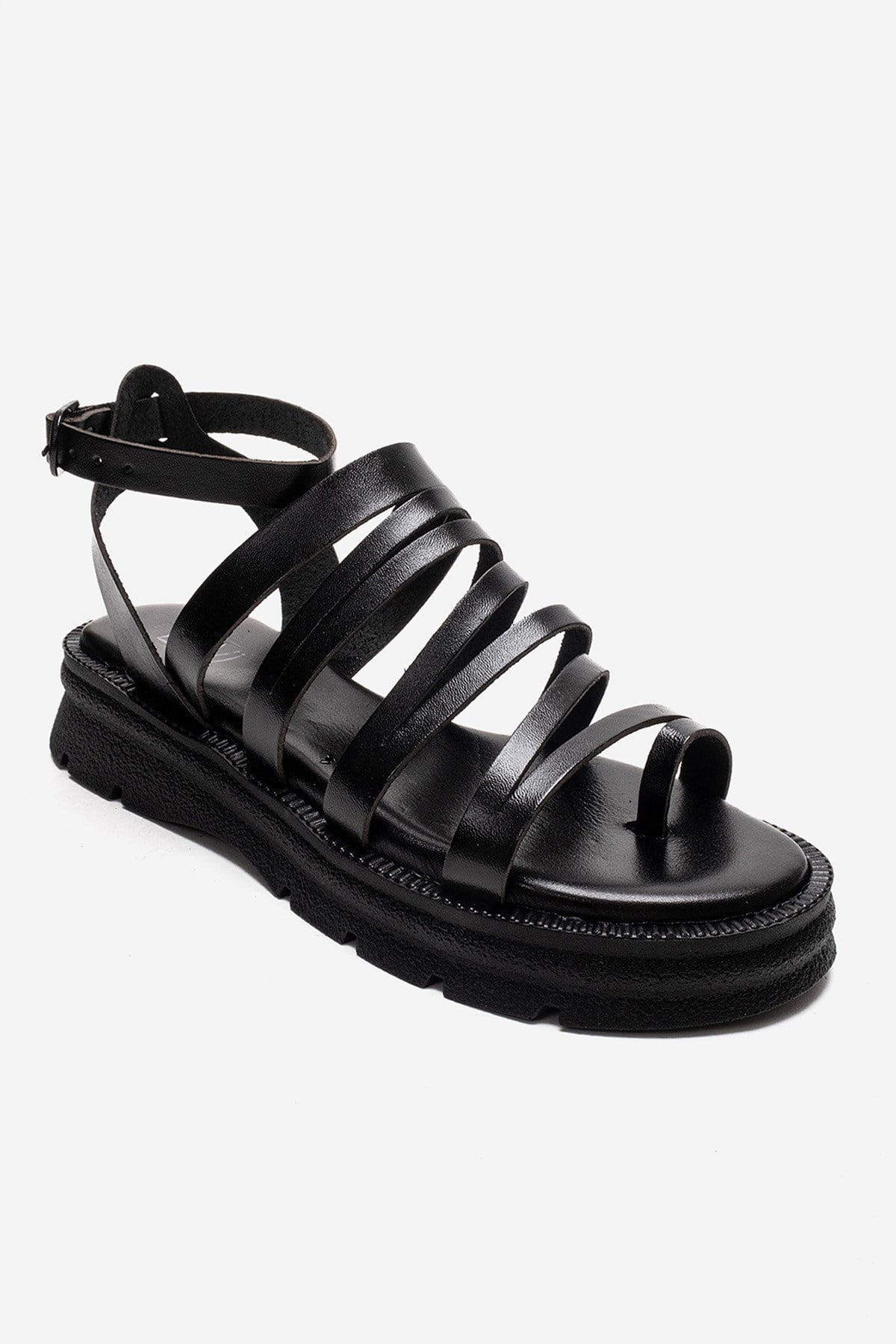 ELSA - Black Genuine Leather Multi-Strap Toe-Post Sandal (Women)