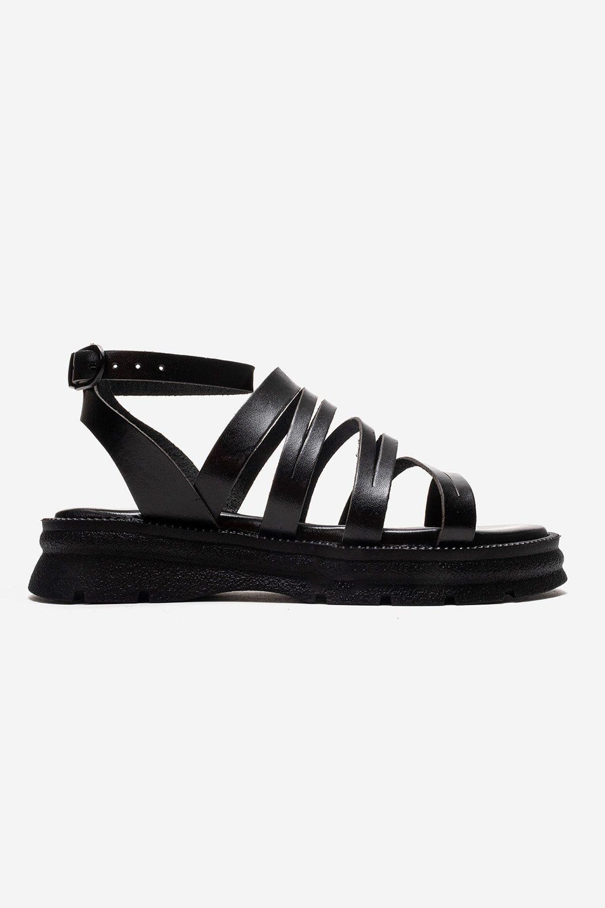 ELSA - Black Genuine Leather Multi-Strap Toe-Post Sandal (Women)