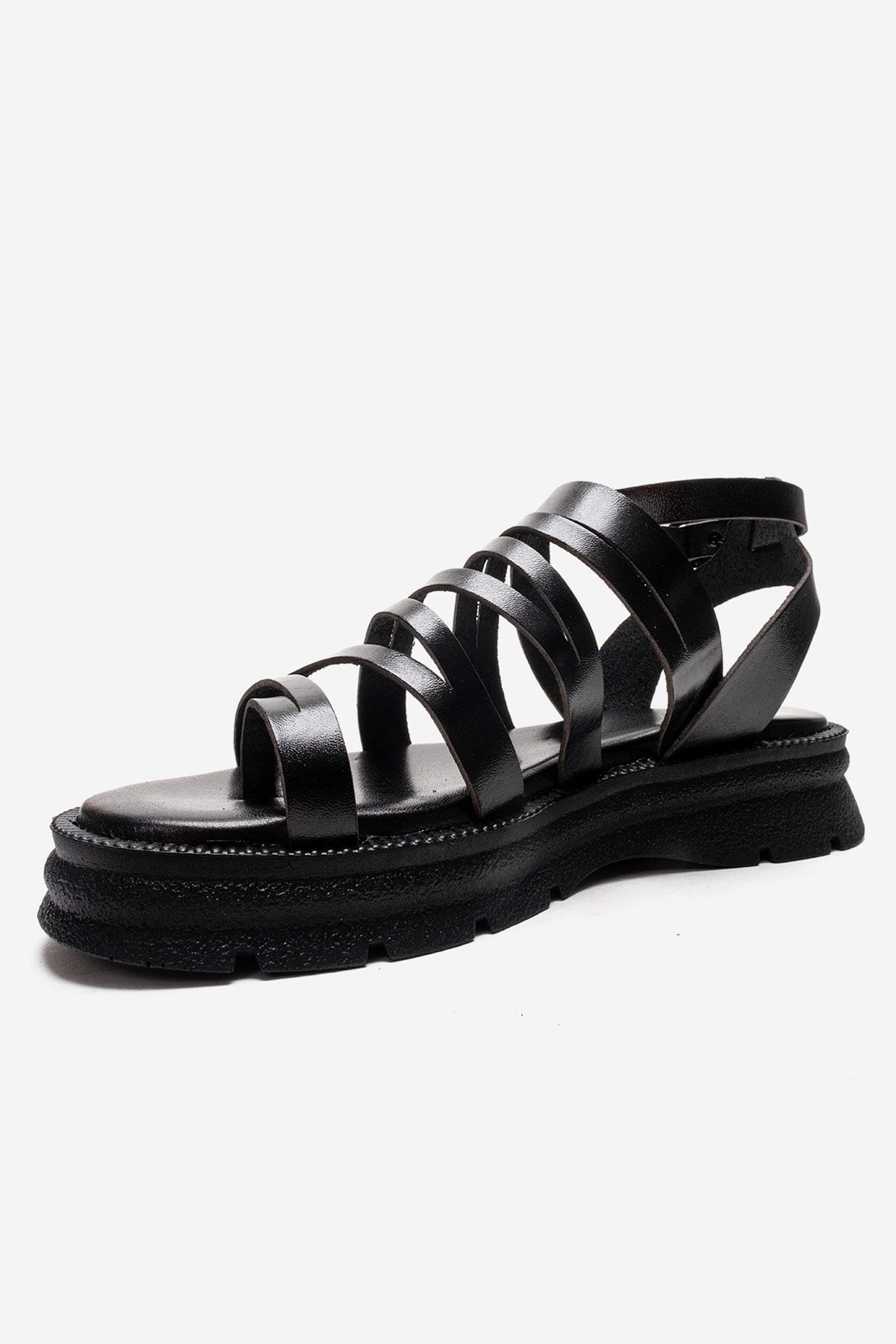 ELSA - Black Genuine Leather Multi-Strap Toe-Post Sandal (Women)