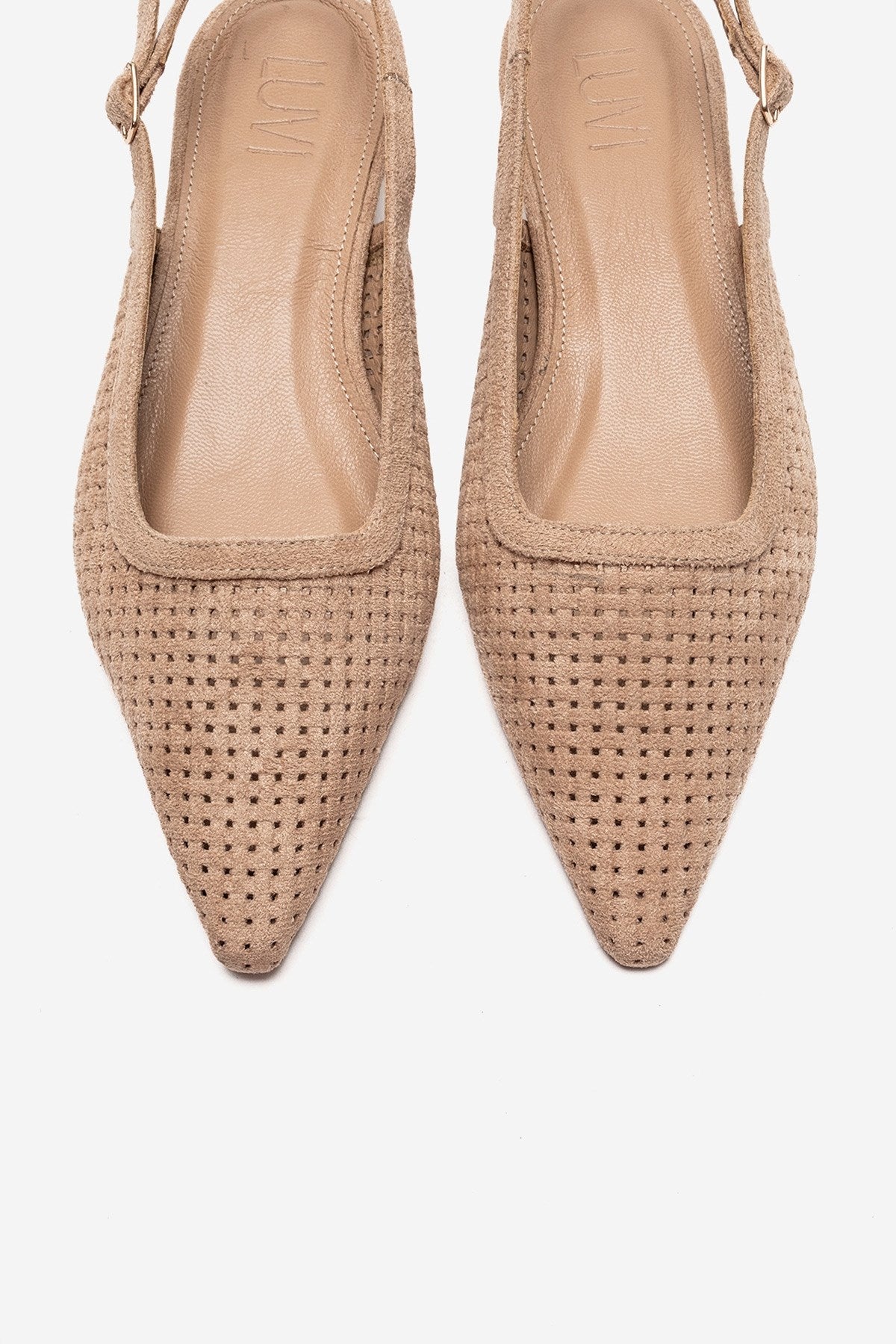 AVIVA - Beige Genuine Leather Pointed Toe Low Block Heel Pump (Women)
