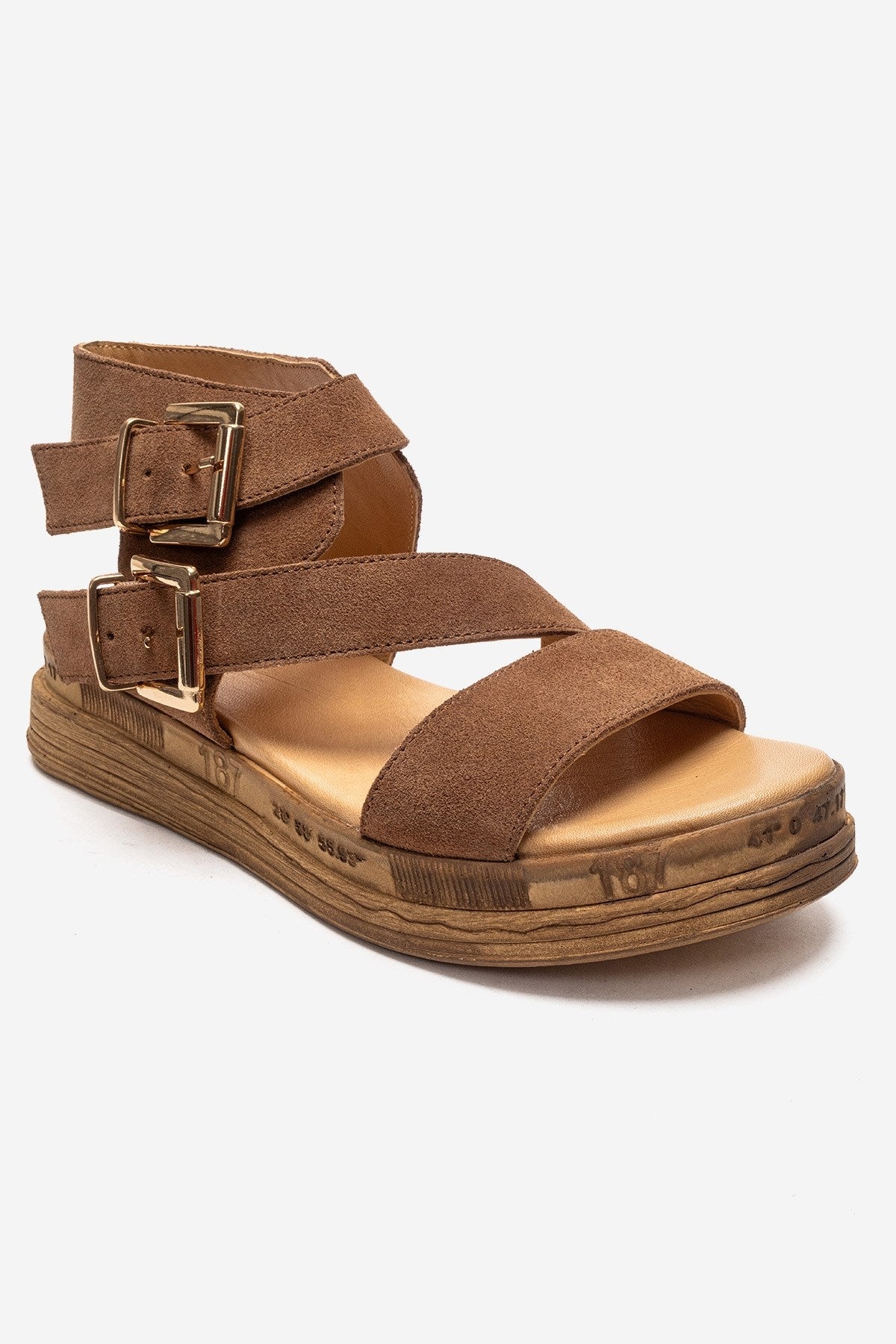 LORENTIS - Camel Genuine Leather Double Buckle Sandal (Women)