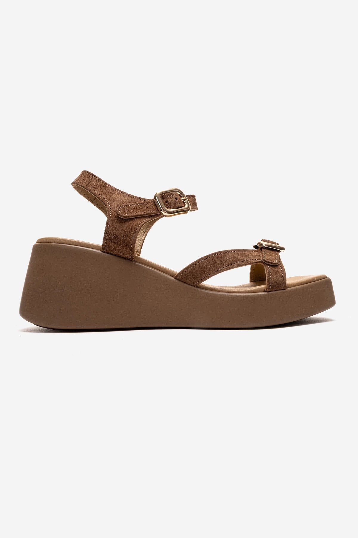 Kalia - Taupe Suede Genuine Leather Buckle Wedge Sandal (Women)