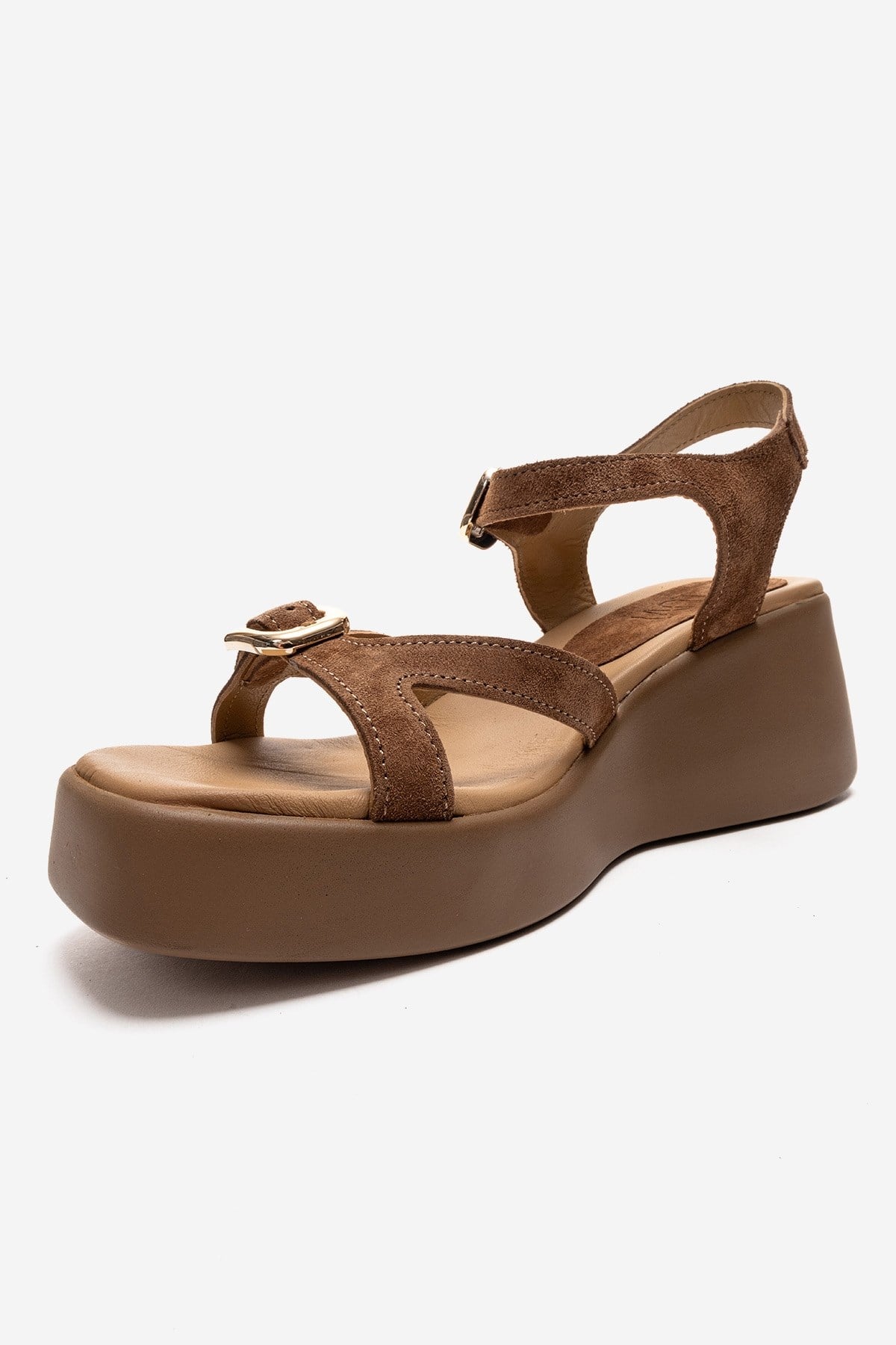 Kalia - Taupe Suede Genuine Leather Buckle Wedge Sandal (Women)