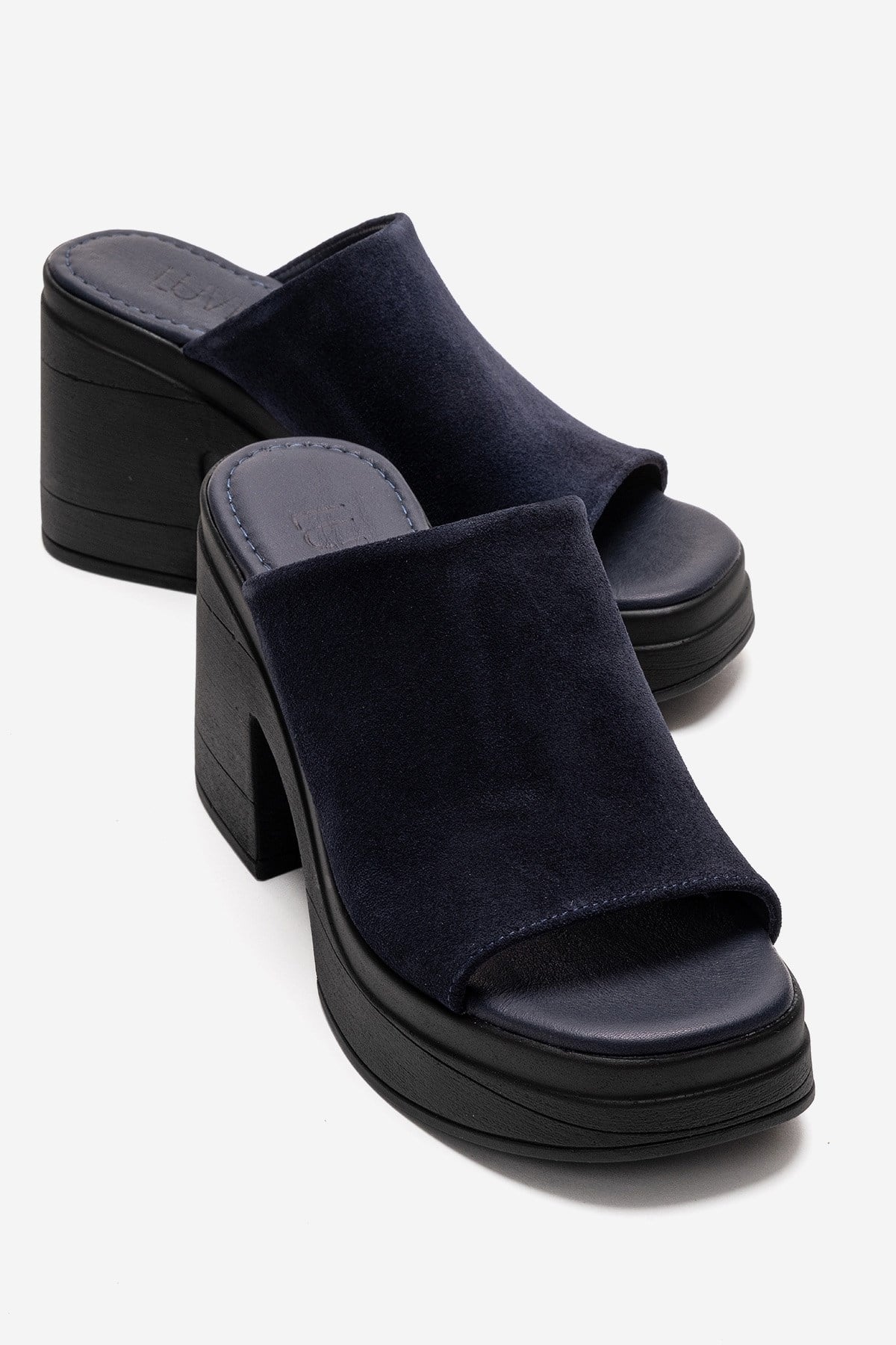 NOLA - Navy Genuine Leather Block Heel Slide (Women)