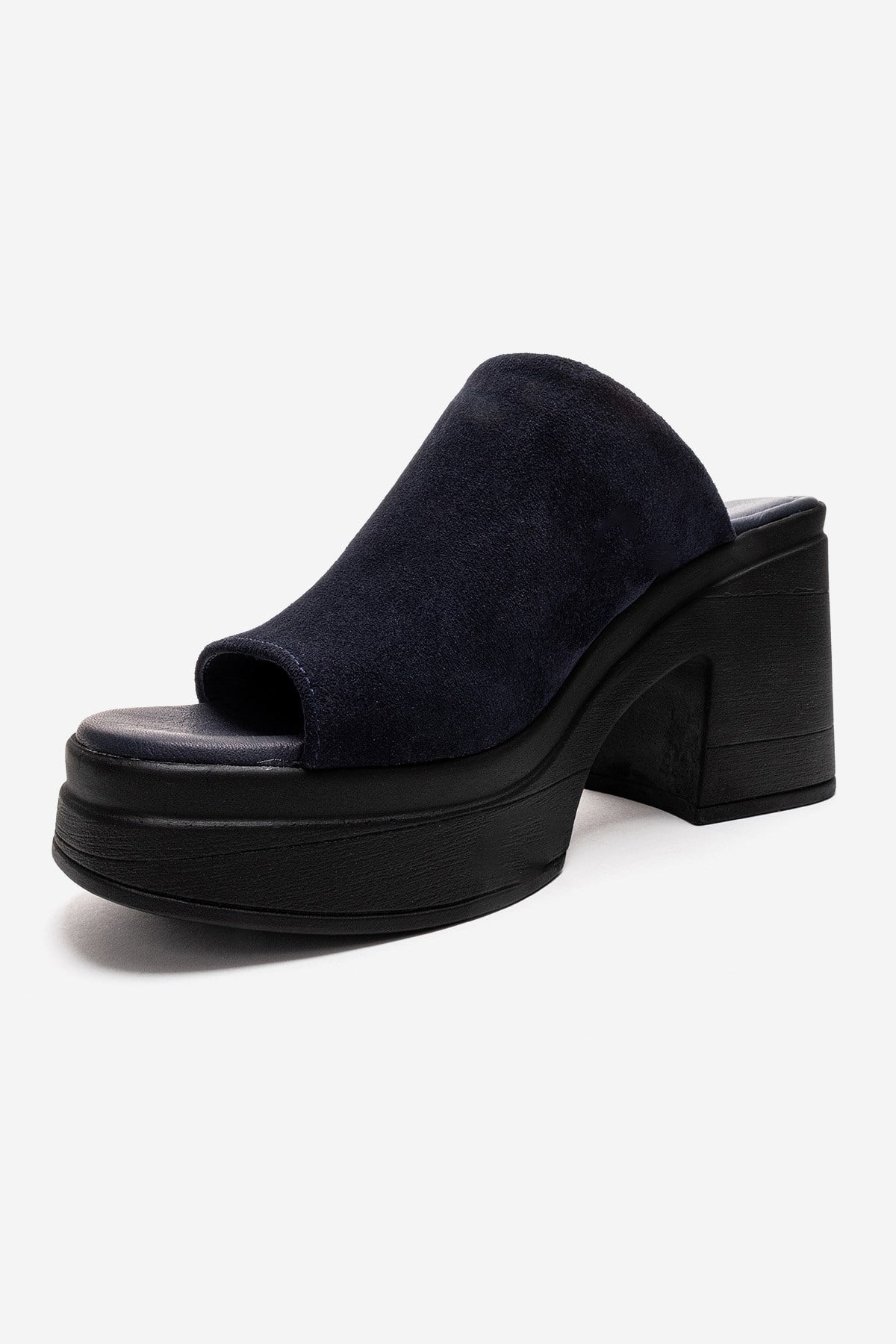 NOLA - Navy Genuine Leather Block Heel Slide (Women)