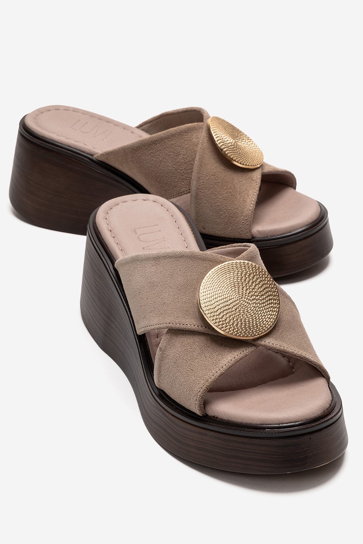 FIANNA - Beige Genuine Leather Buckled Cross-Strap Wedge Heel Slide (Women)