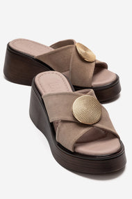 FIANNA - Beige Genuine Leather Buckled Cross-Strap Wedge Heel Slide (Women)
