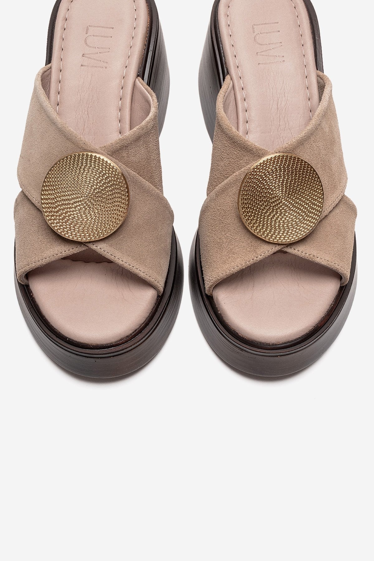 FIANNA - Beige Genuine Leather Buckled Cross-Strap Wedge Heel Slide (Women)