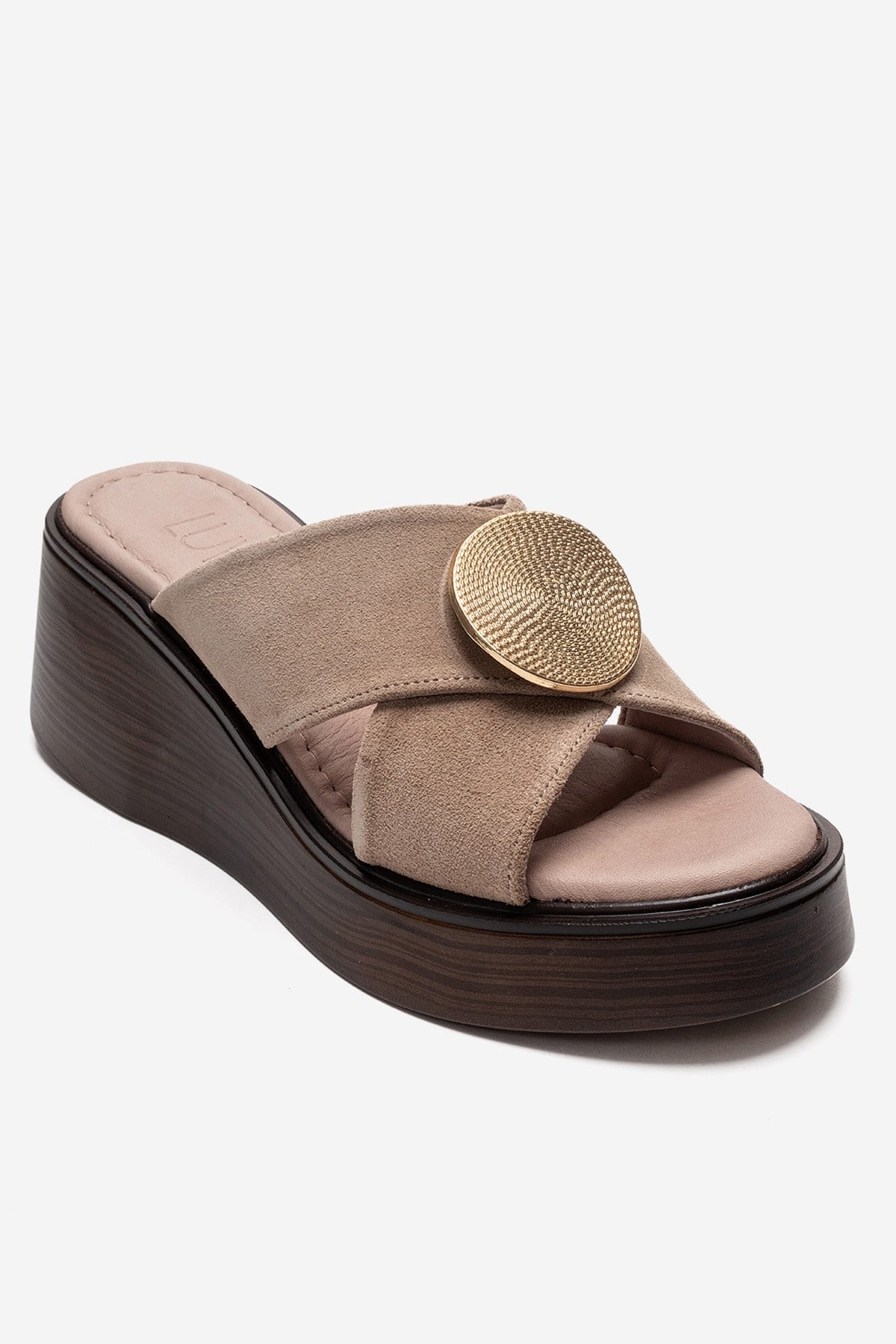 FIANNA - Beige Genuine Leather Buckled Cross-Strap Wedge Heel Slide (Women)