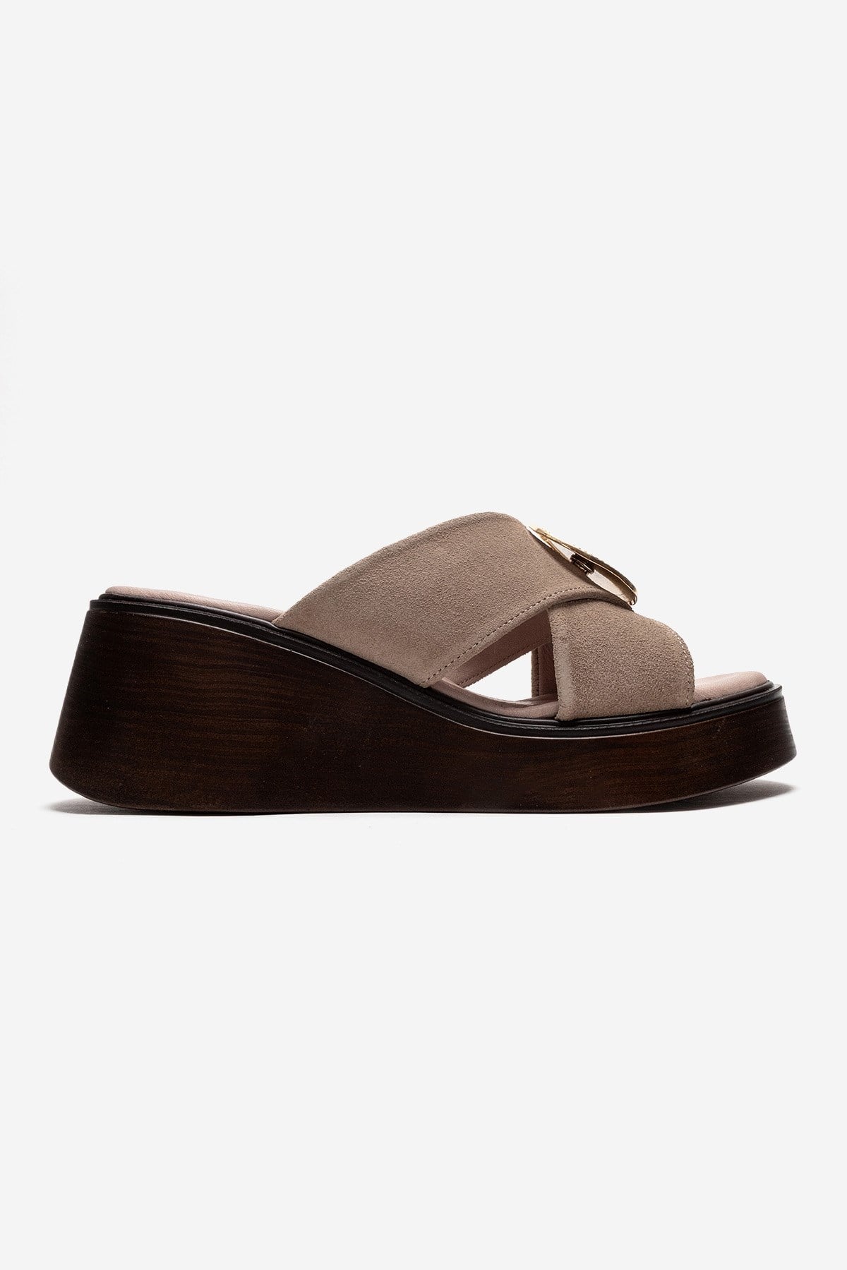 FIANNA - Beige Genuine Leather Buckled Cross-Strap Wedge Heel Slide (Women)