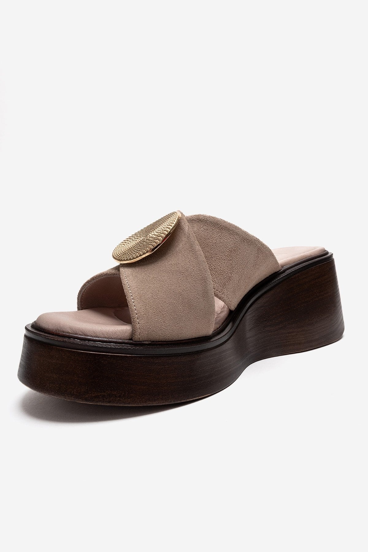 FIANNA - Beige Genuine Leather Buckled Cross-Strap Wedge Heel Slide (Women)