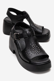 Romina - Black Genuine Leather Platform Heel Sandal (Women)