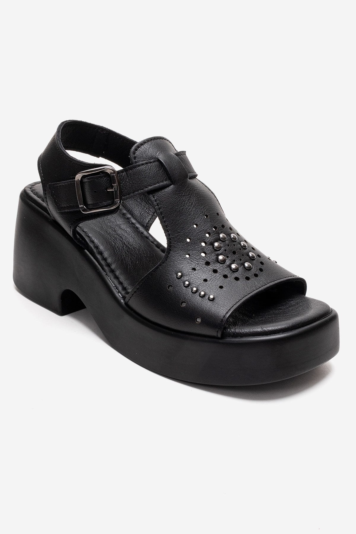 Romina - Black Genuine Leather Platform Heel Sandal (Women)