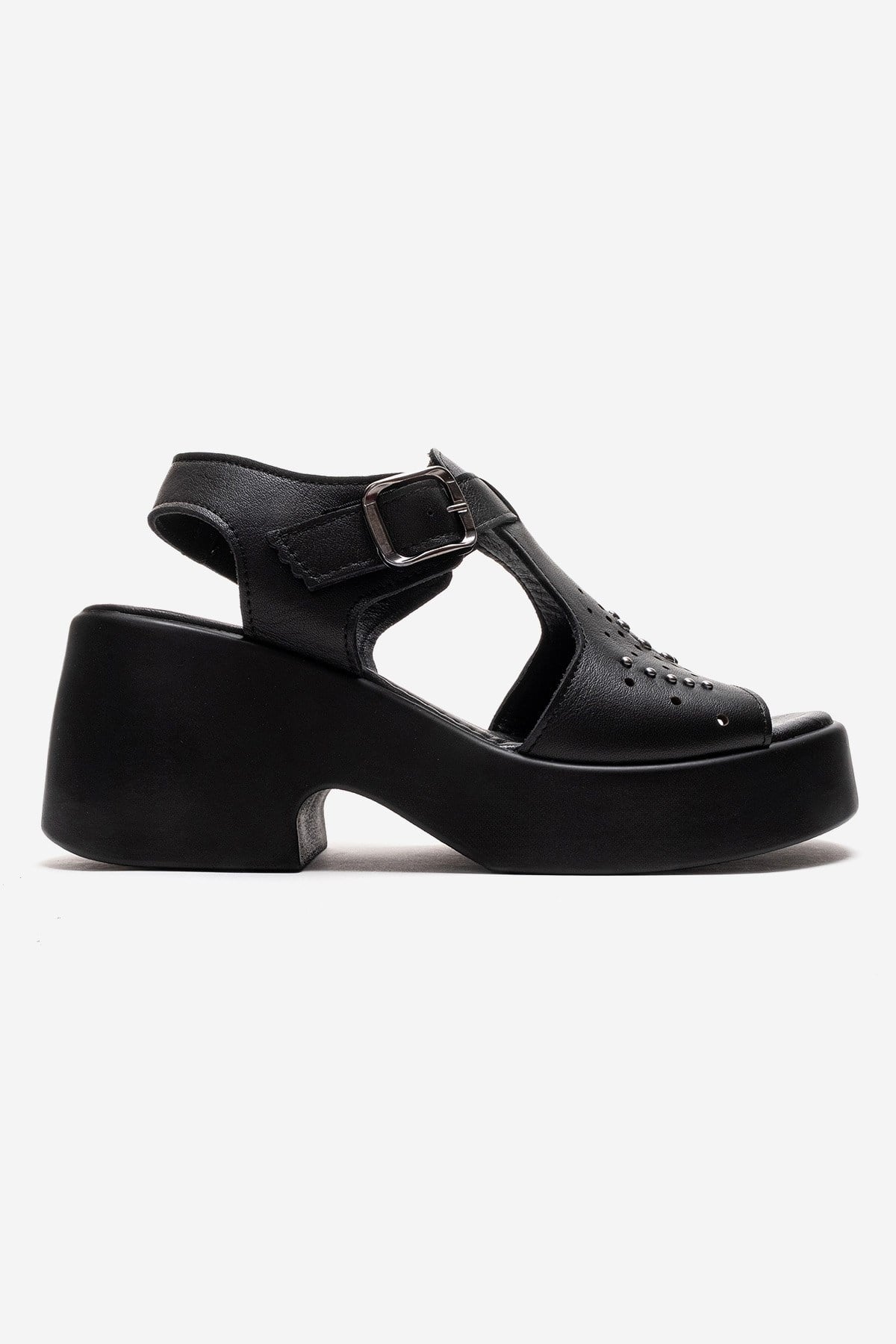 Romina - Black Genuine Leather Platform Heel Sandal (Women)