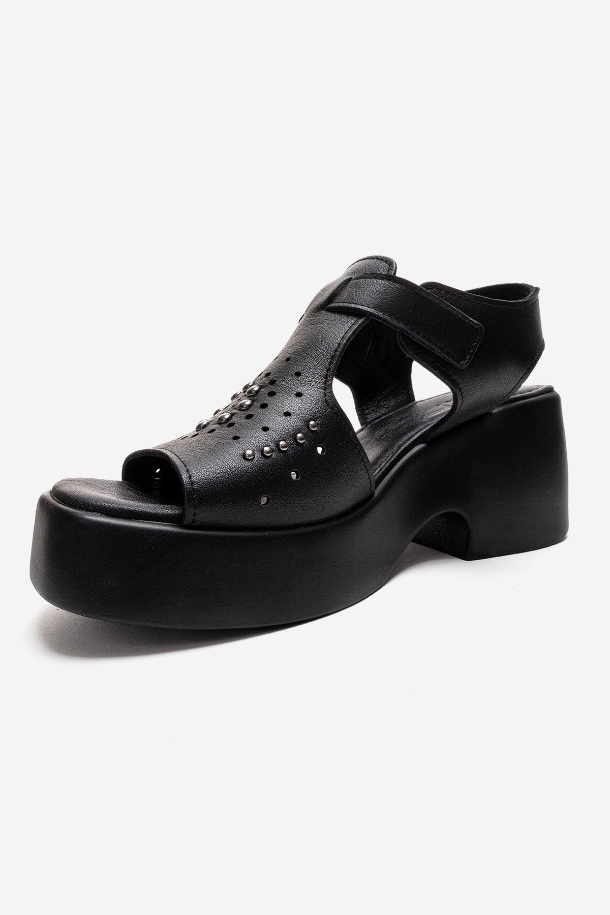 Romina - Black Genuine Leather Platform Heel Sandal (Women)