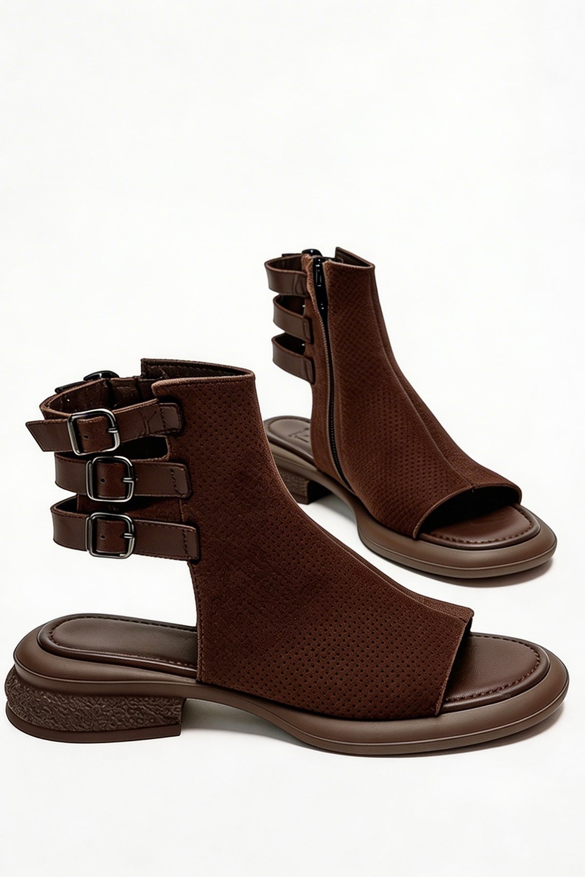CARINA - Brown Genuine Suede Leather Side-Zip Sandal (Women)