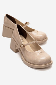 LUANDA - Beige Genuine Leather Block Heel Mary Jane (Women)