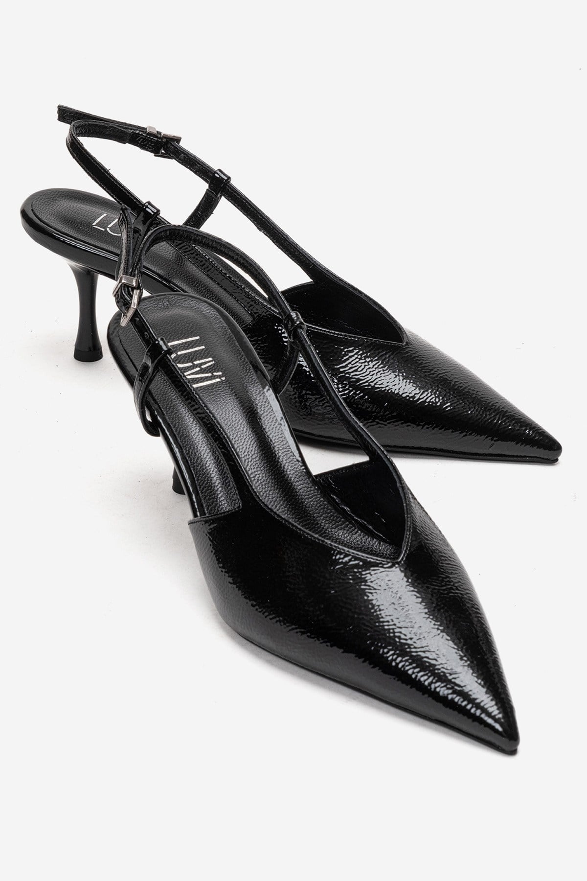 Irena - Black Patent Backless Pointed Toe Stiletto Pump, Genuine Leather (Women)
