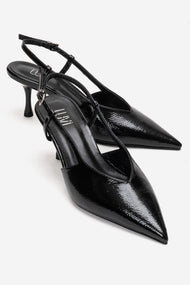 Irena - Black Patent Backless Pointed Toe Stiletto Pump, Genuine Leather (Women)