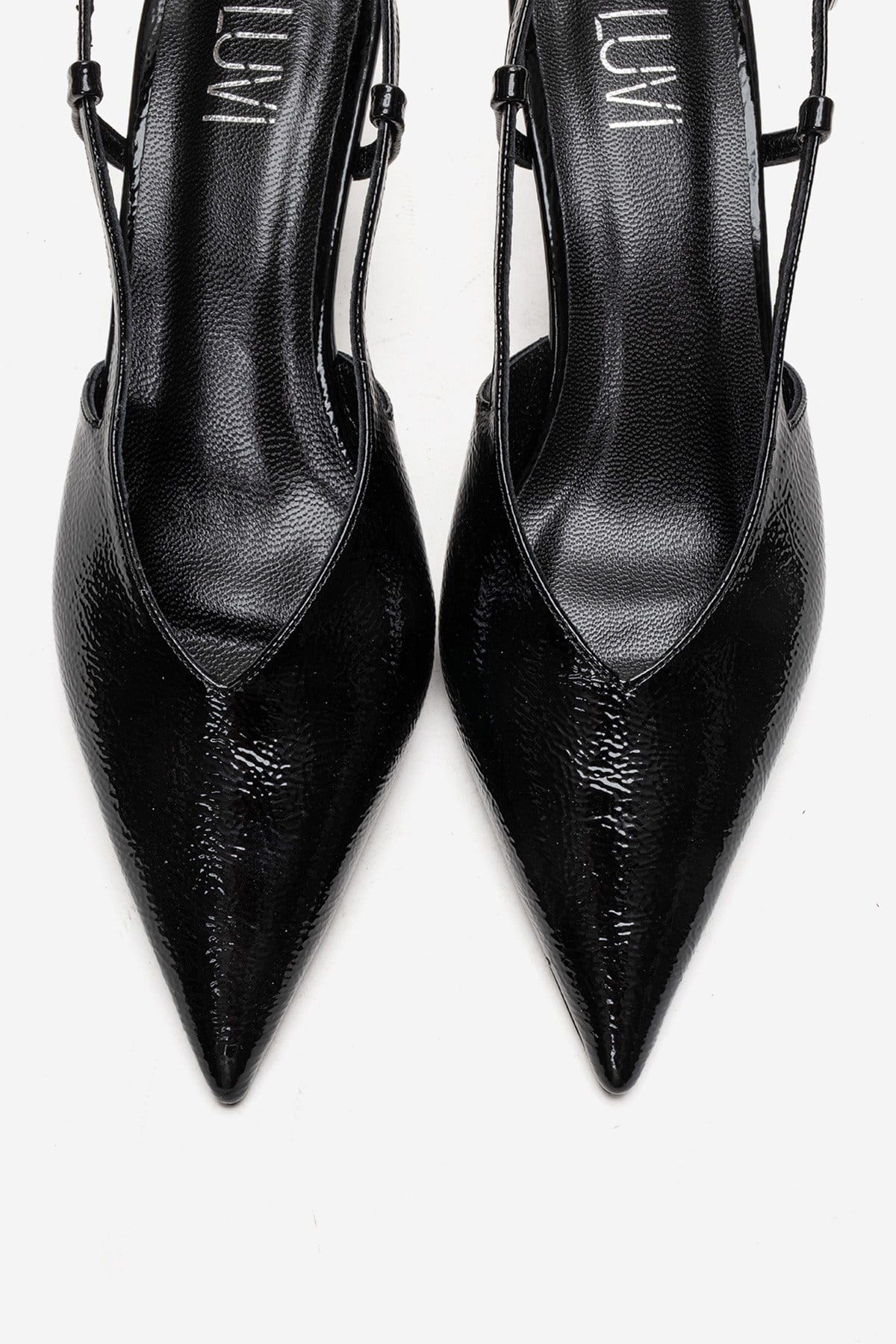 Irena - Black Patent Backless Pointed Toe Stiletto Pump, Genuine Leather (Women)