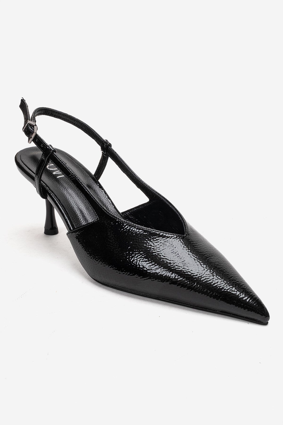 Irena - Black Patent Backless Pointed Toe Stiletto Pump, Genuine Leather (Women)