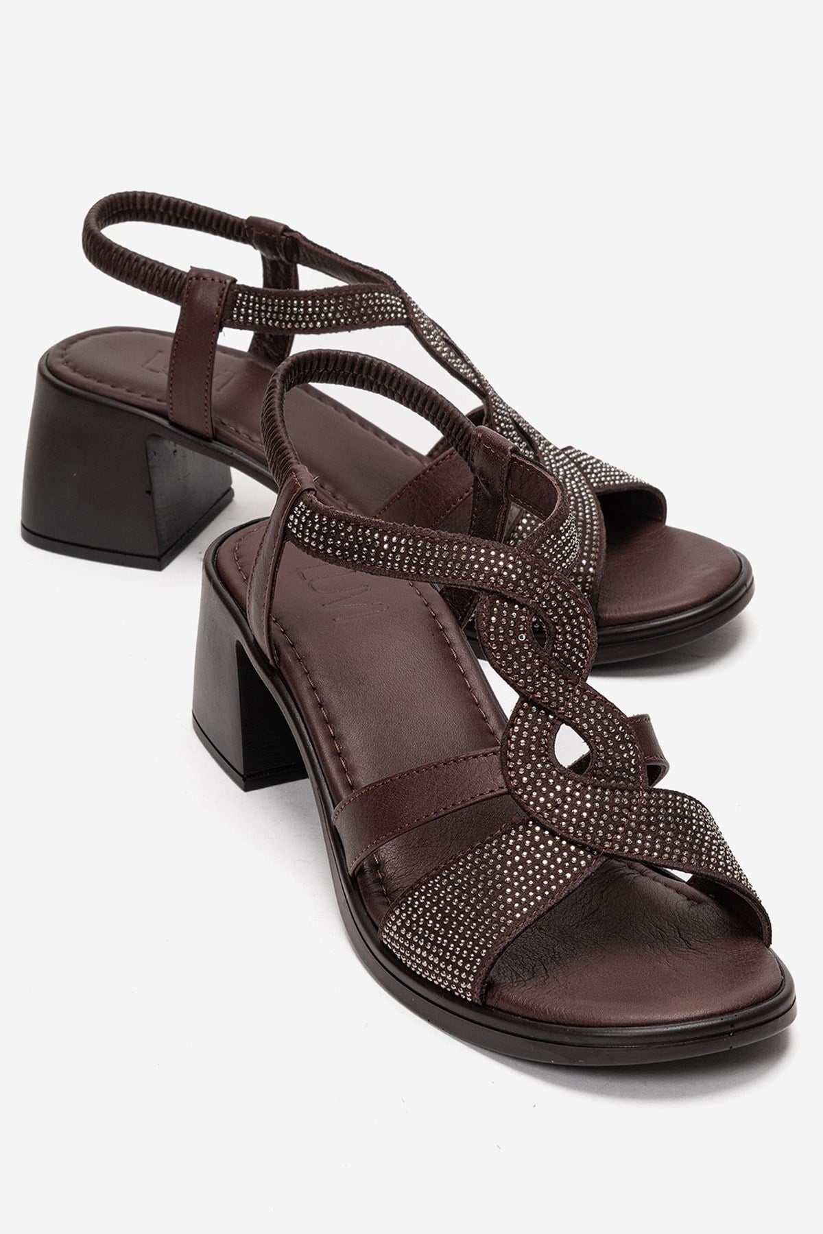 Dolen - Brown Genuine Leather Jeweled Block Heel Sandal (Women)