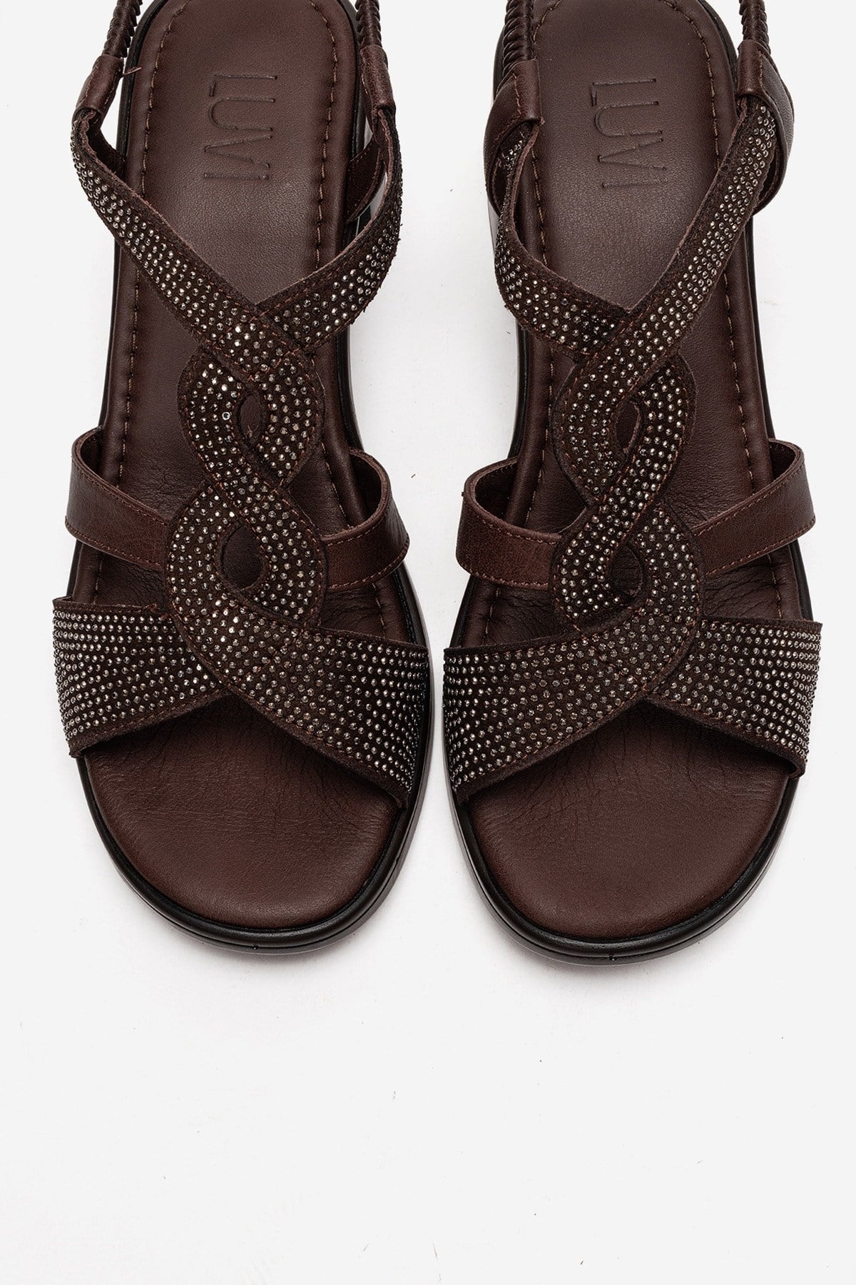 Dolen - Brown Genuine Leather Jeweled Block Heel Sandal (Women)