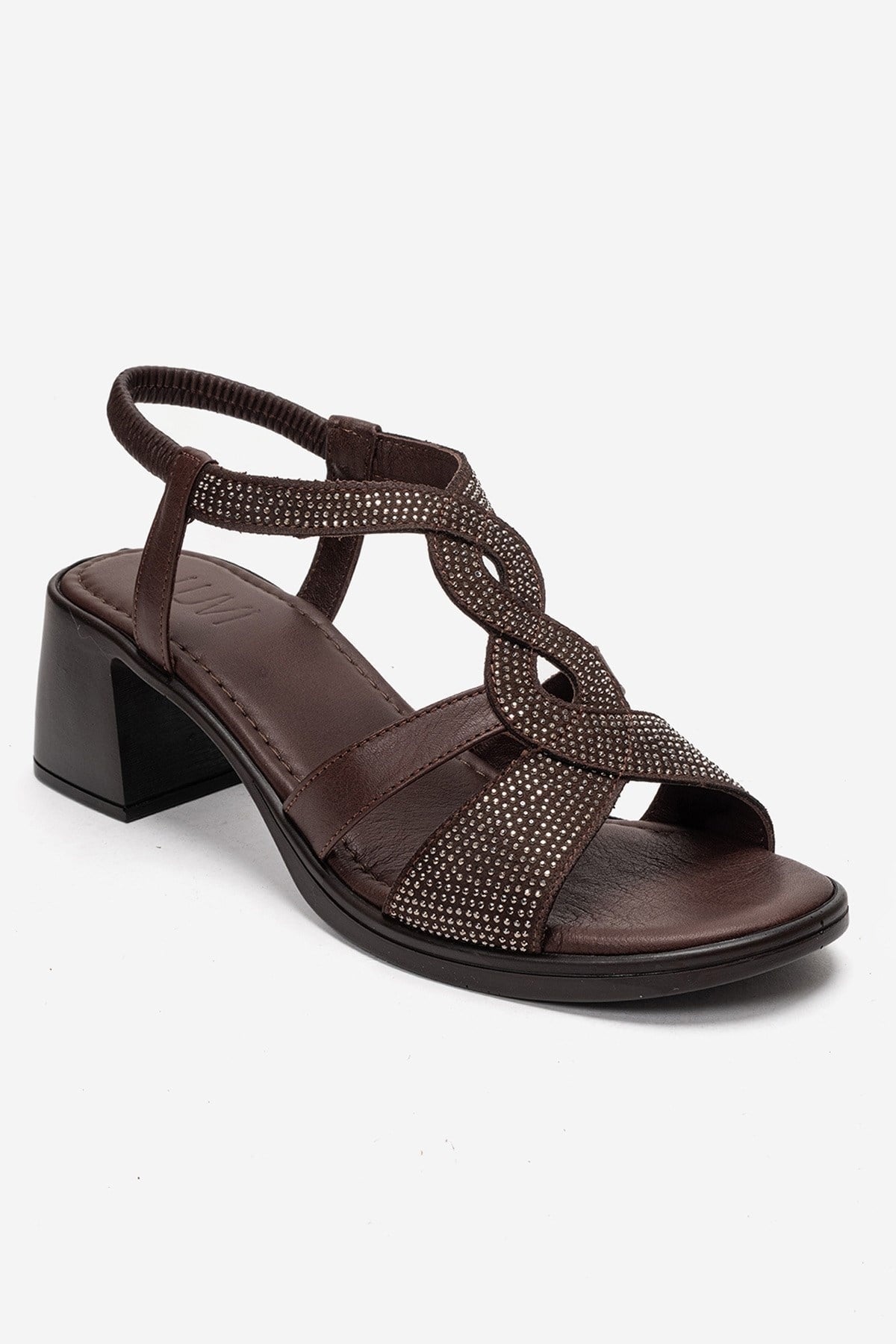 Dolen - Brown Genuine Leather Jeweled Block Heel Sandal (Women)