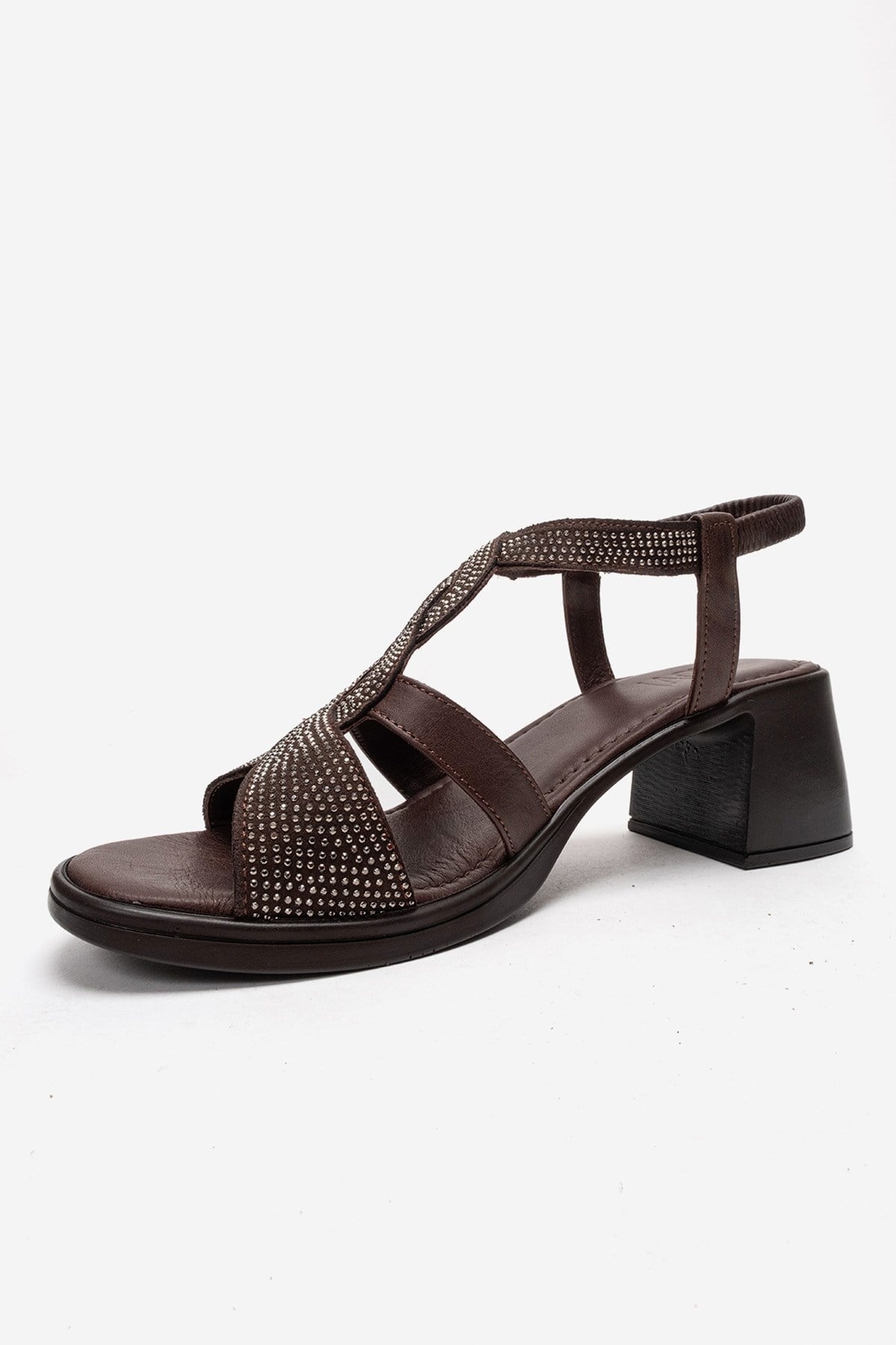 Dolen - Brown Genuine Leather Jeweled Block Heel Sandal (Women)