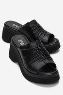 NELLIE - Black Genuine Leather Platform Wedge Slide (Women)