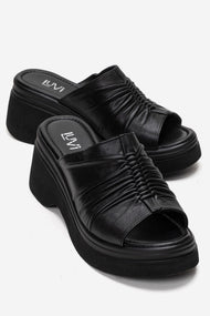 NELLIE - Black Genuine Leather Platform Wedge Slide (Women)
