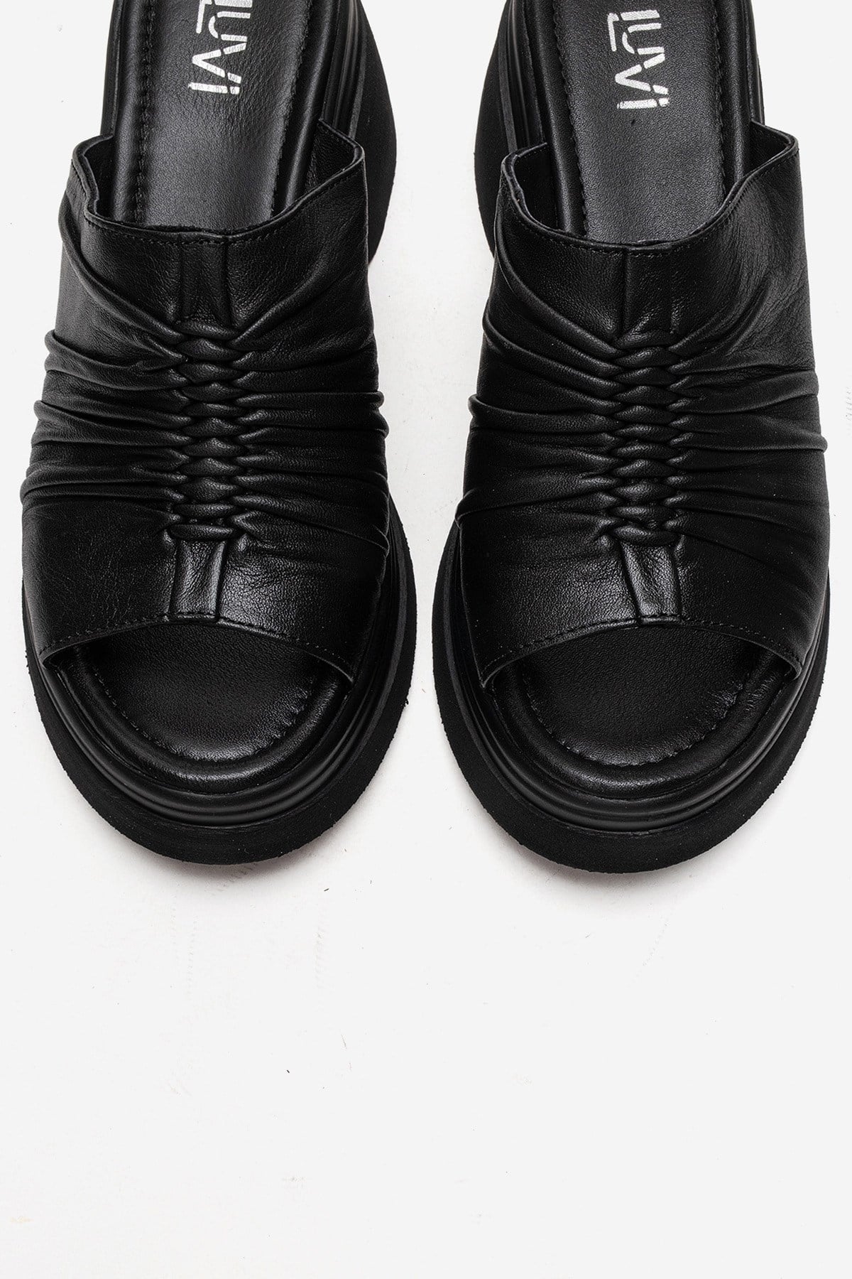 NELLIE - Black Genuine Leather Platform Wedge Slide (Women)