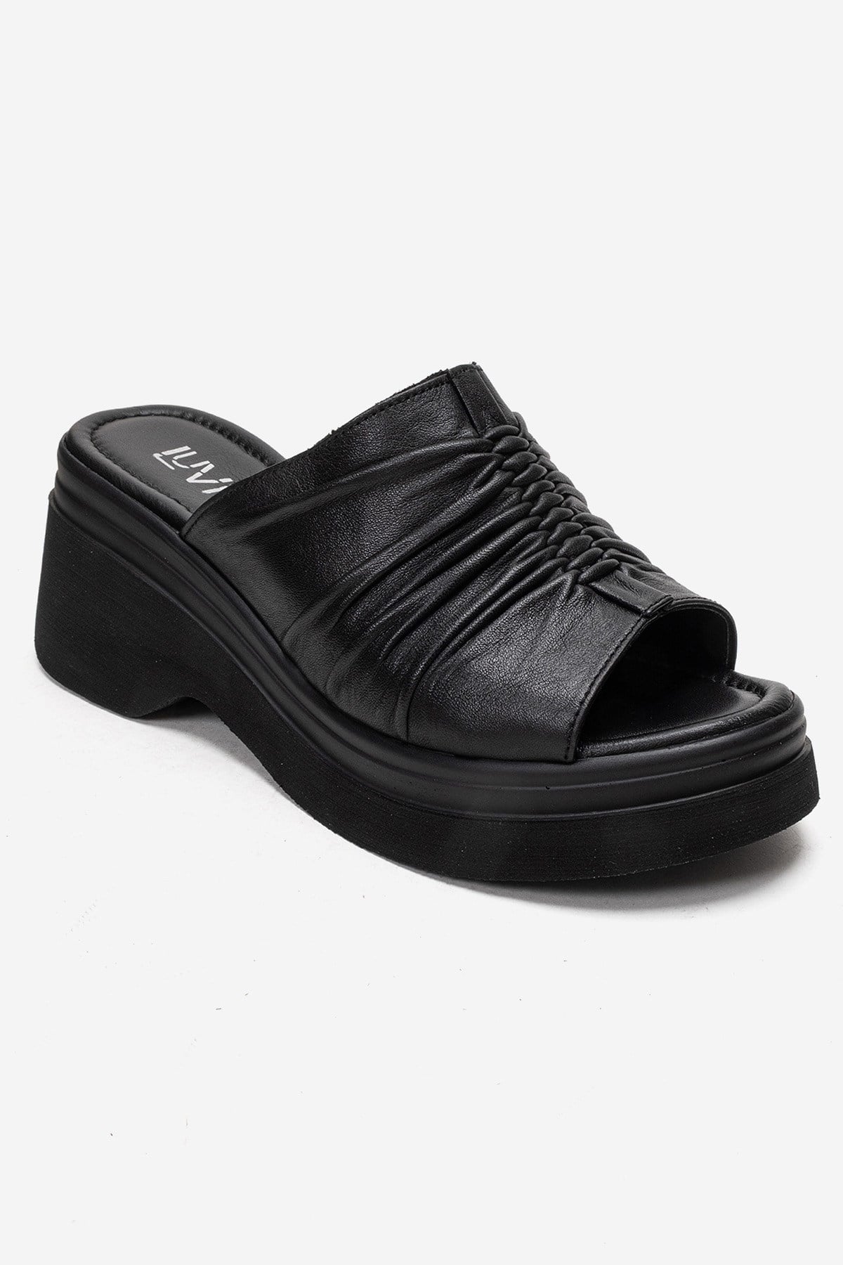 NELLIE - Black Genuine Leather Platform Wedge Slide (Women)