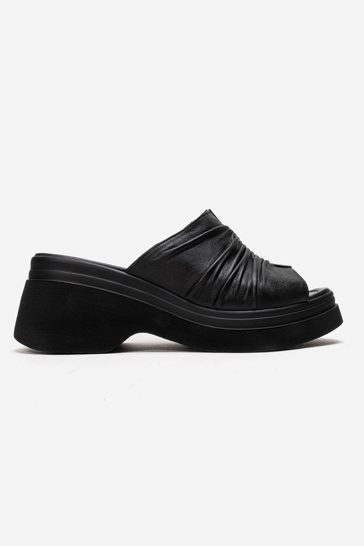 NELLIE - Black Genuine Leather Platform Wedge Slide (Women)