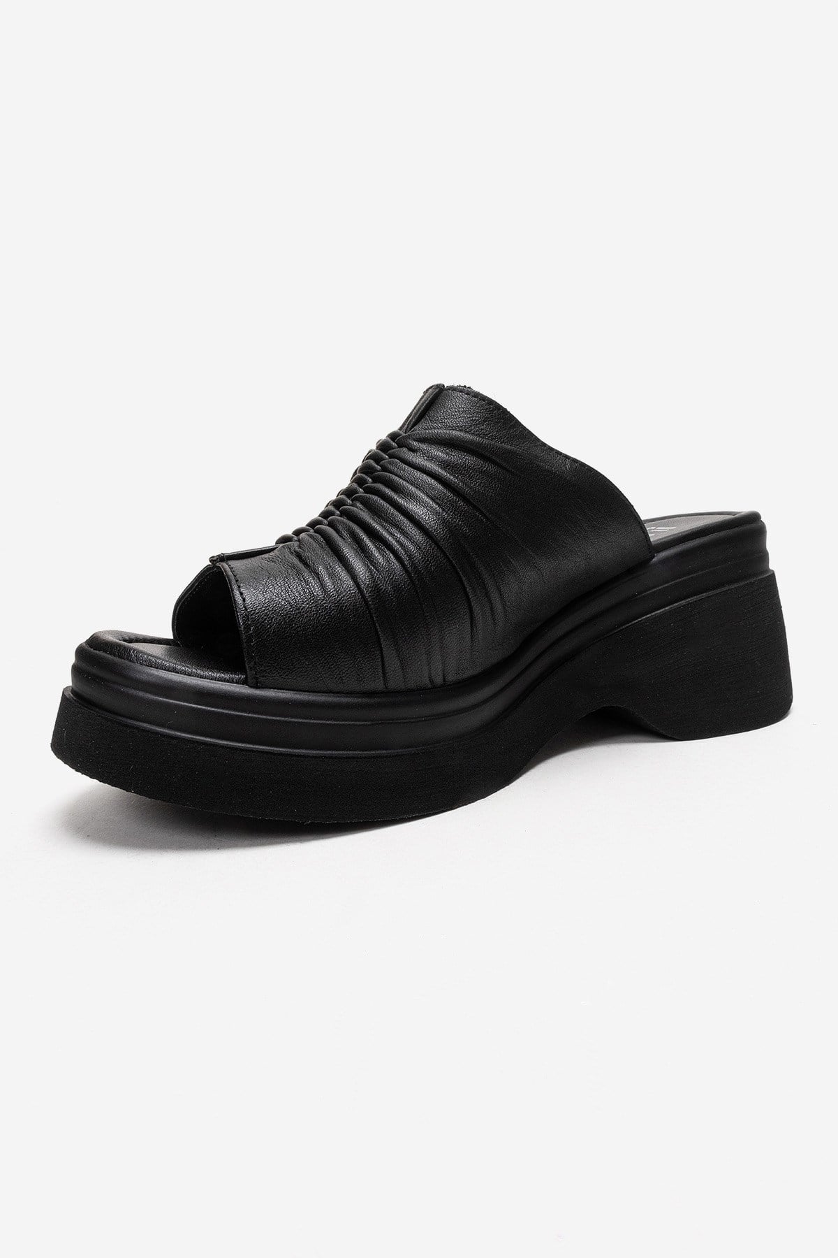 NELLIE - Black Genuine Leather Platform Wedge Slide (Women)