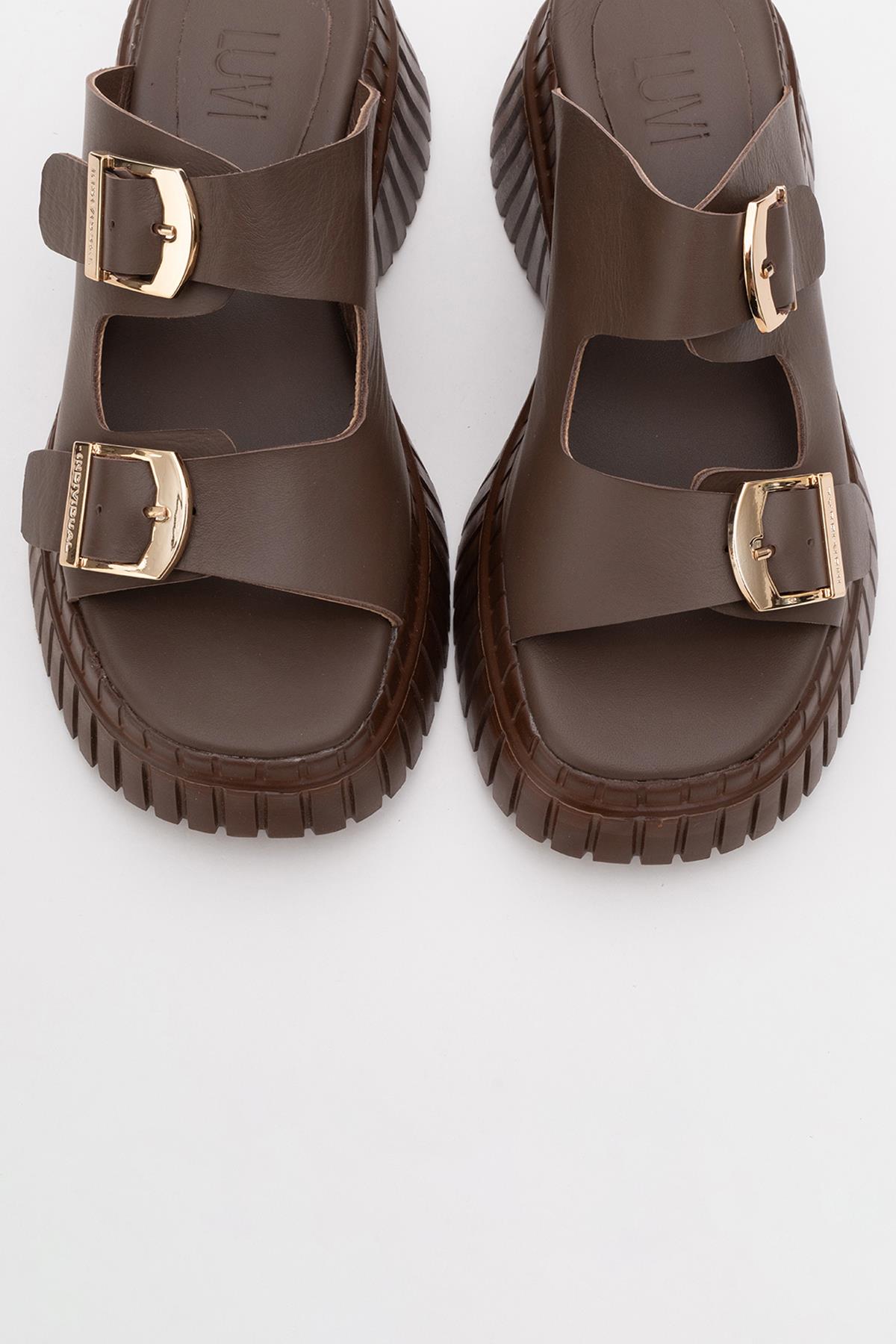 Joanes - Brown Leather Two-Strap Platform Sandal (Women)