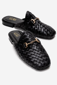 SENIA - Black Woven Genuine Leather Buckled Closed-Toe Mule (Women)