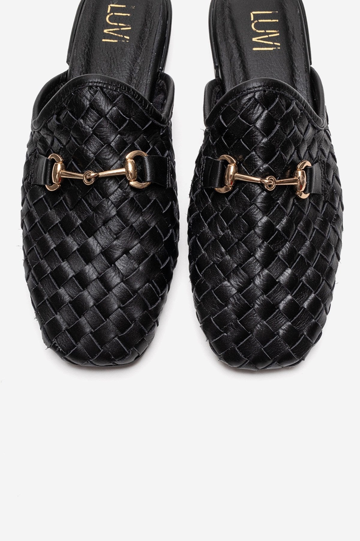 SENIA - Black Woven Genuine Leather Buckled Closed-Toe Mule (Women)
