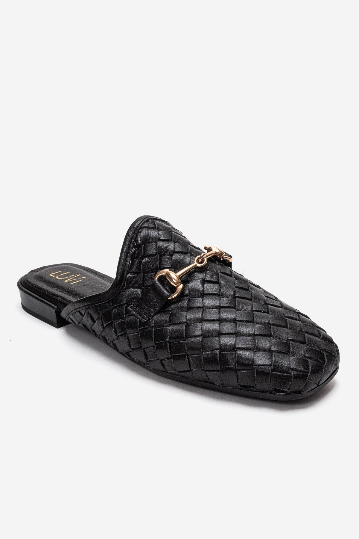 SENIA - Black Woven Genuine Leather Buckled Closed-Toe Mule (Women)