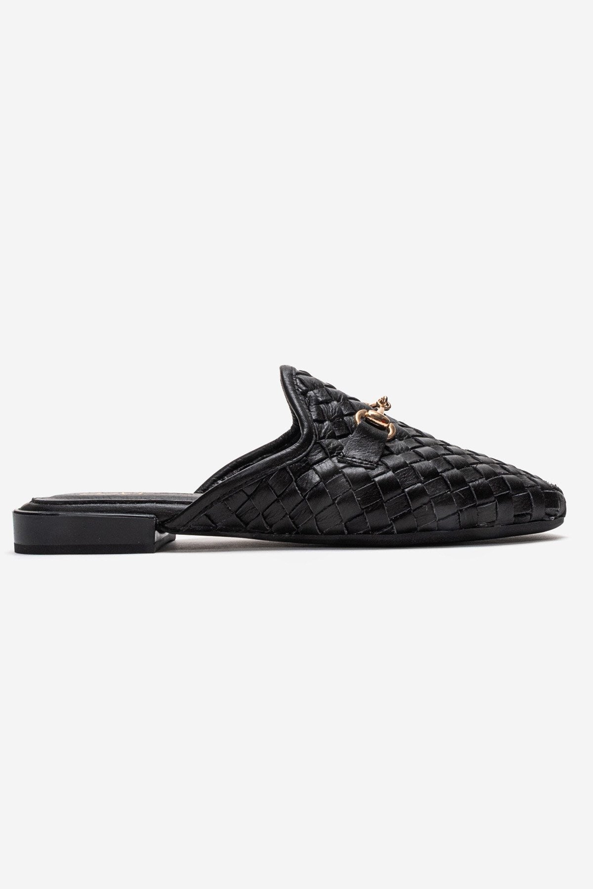 SENIA - Black Woven Genuine Leather Buckled Closed-Toe Mule (Women)