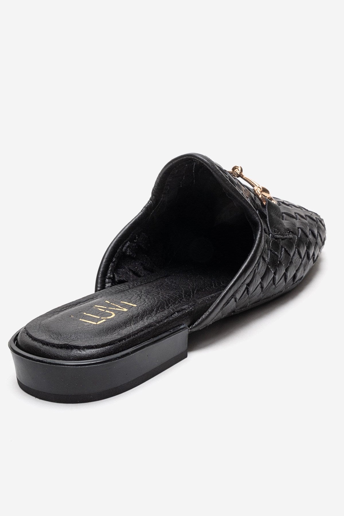 SENIA - Black Woven Genuine Leather Buckled Closed-Toe Mule (Women)