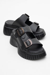 Joanes - Black Leather Two-Strap Platform Sandal (Women)