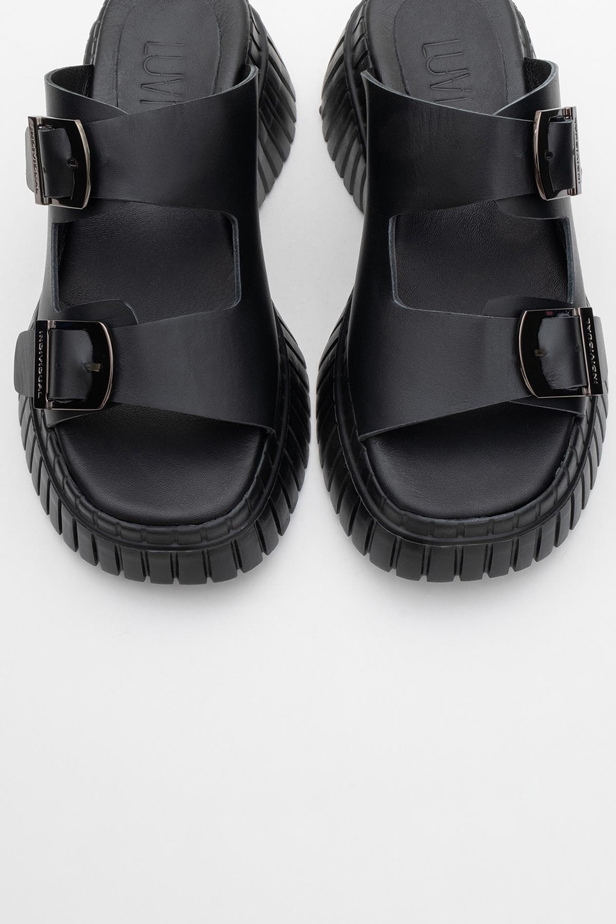 Joanes - Black Leather Two-Strap Platform Sandal (Women)
