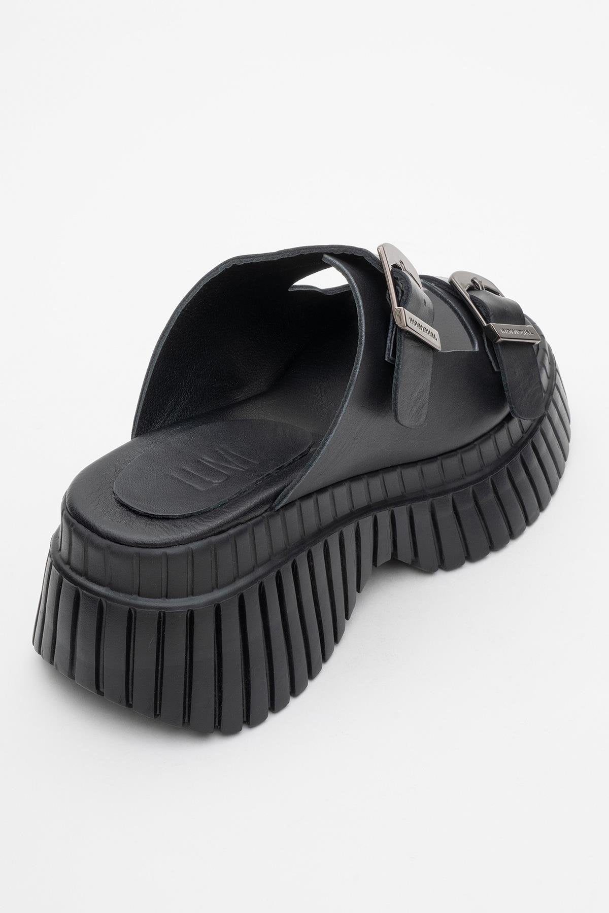 Joanes - Black Leather Two-Strap Platform Sandal (Women)