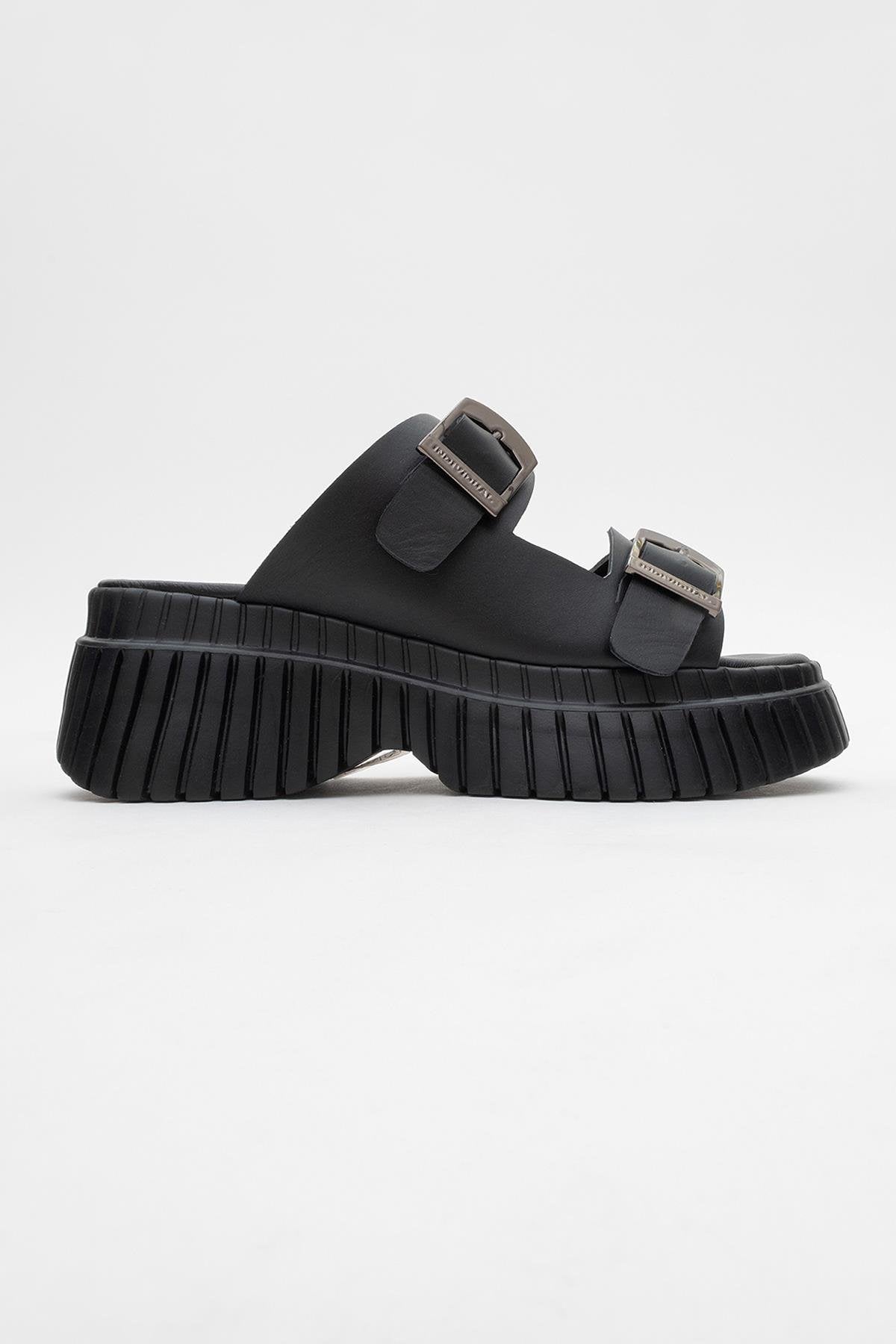 Joanes - Black Leather Two-Strap Platform Sandal (Women)