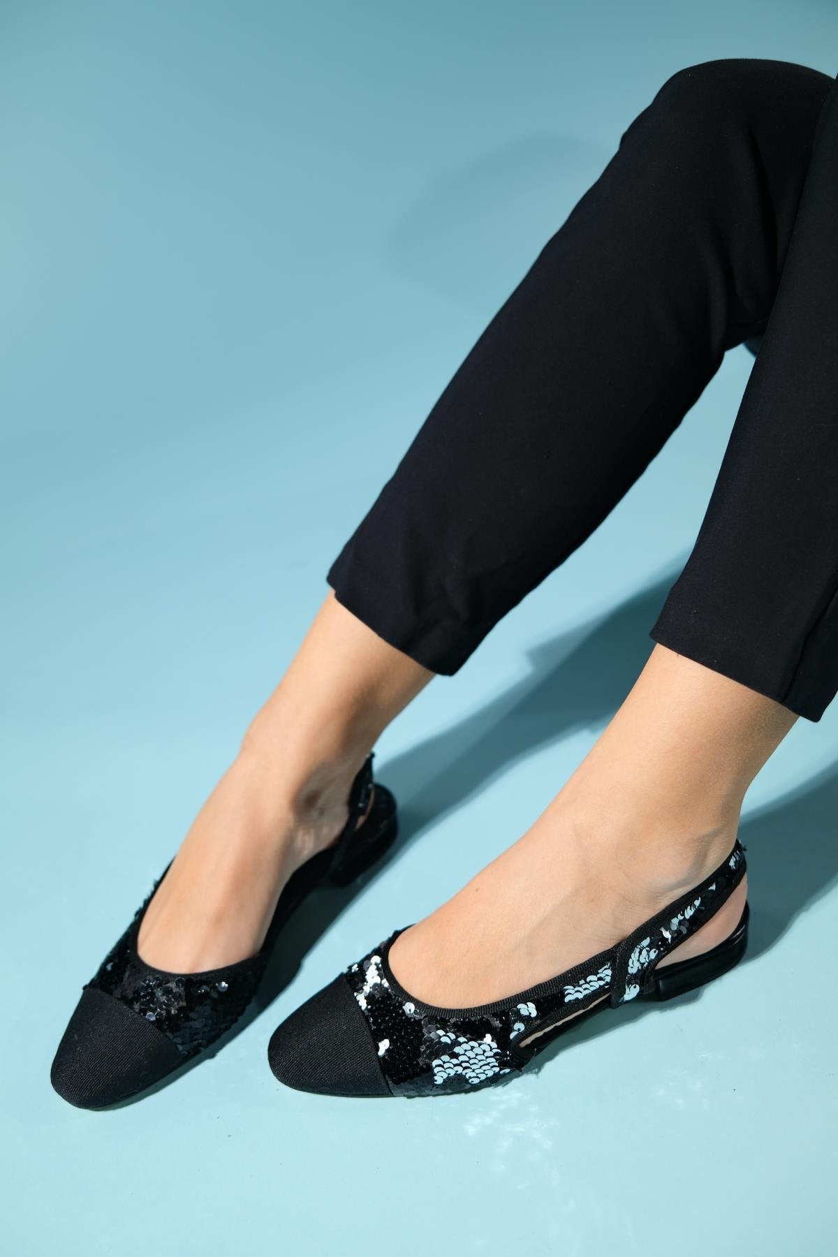 Lujo - Black Sequin Backless Flat Ballerina (Women)