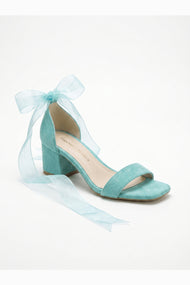 Rova Aqua Blue Suede Organza Ribbon Ankle Strap Block Heel Sandal