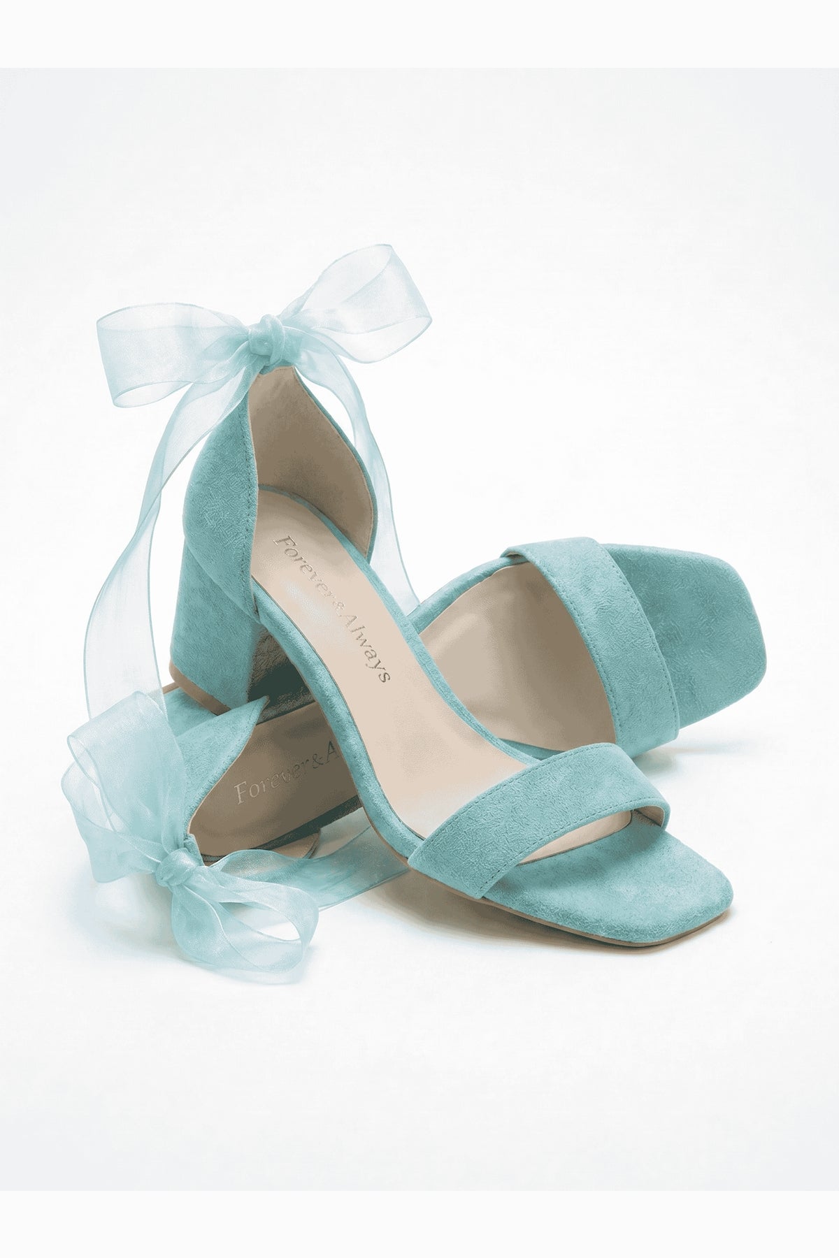 Rova Aqua Blue Suede Organza Ribbon Ankle Strap Block Heel Sandal