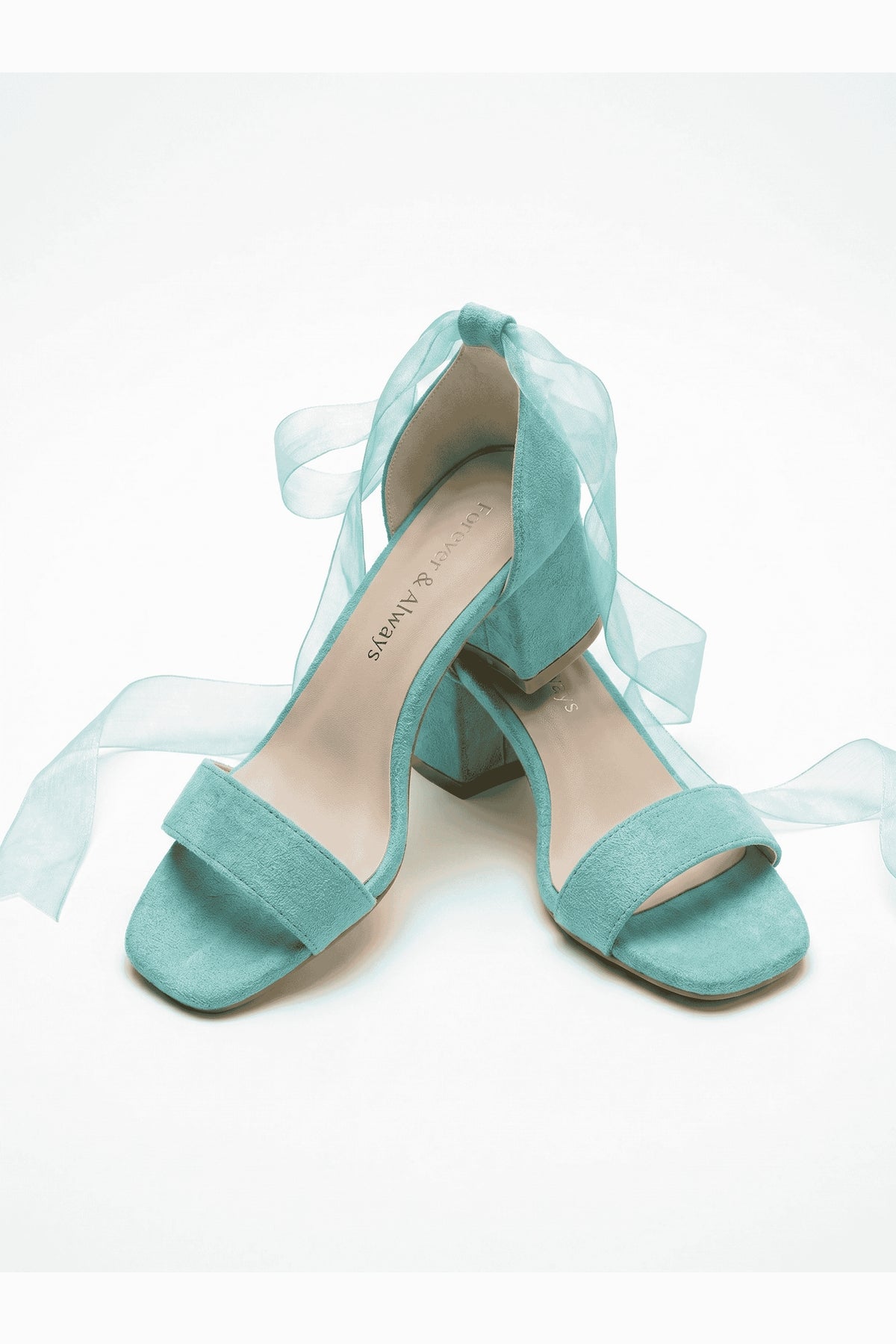 Rova Aqua Blue Suede Organza Ribbon Ankle Strap Block Heel Sandal
